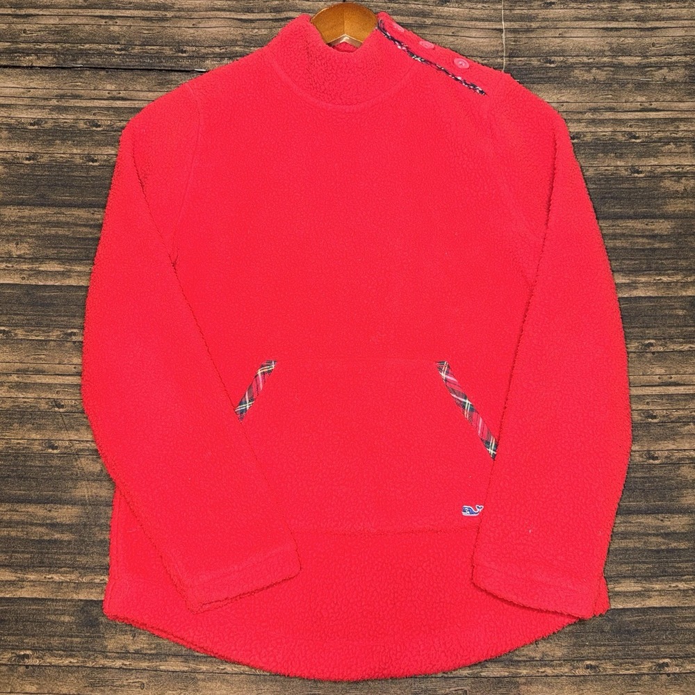 Vineyard Vines Red Fleece Pullover with Plaid Trim Youth L